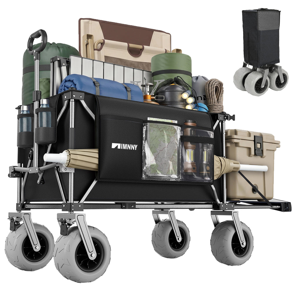 300L Beach Wagon with 58' Expandable Tailgate, 500lbs Heavy Duty Beach Cart with 9'' Wheels for Sand, Collapsible Folding Wagon with Side Pocket for Outdoor, Black