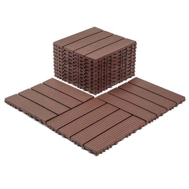 Plastic interlocking decking tiles, 44 packs of terrace decking tiles, 12 inches x 12 inches waterproof for all-weather use, backyard pool decking tiles, Brown