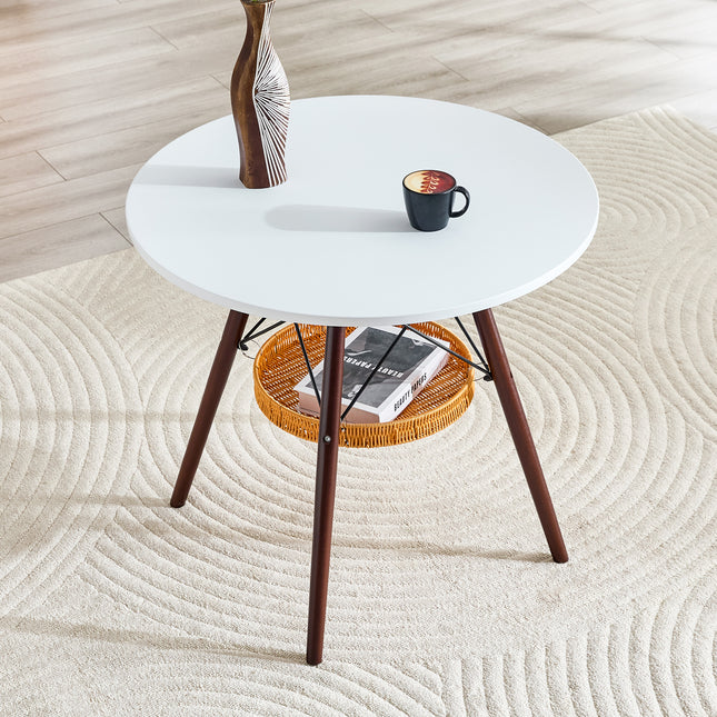 31.5-inch diameter circular dining table, white MDF vacuum formed tabletop, walnut solid wood legs, with suspended woven storage basket structure. A casual coffee table suitable for 2-4 people.
