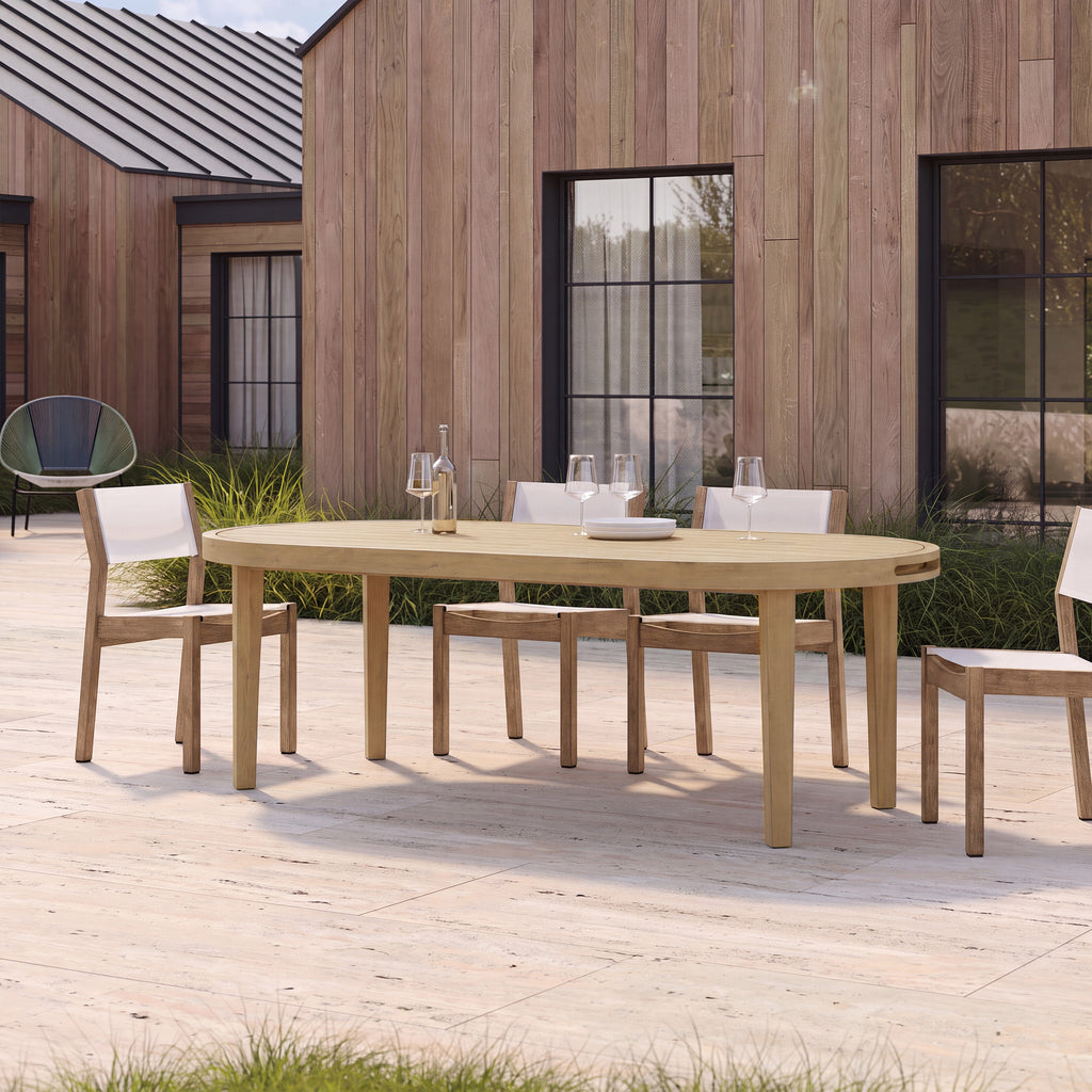 70' Oval Acacia Wood Outdoor Dining Table with Slatted Top, Weathered Finish,Light teak