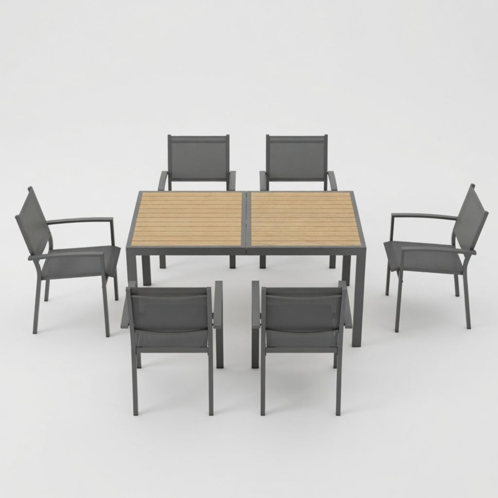 7-Piece Grey Patio Dining Set with HDPS Table and Textilene Chairs for Outdoor Use, Modern Metal Furniture in Gray Finish
