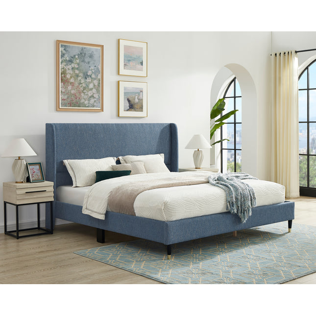 Rozitta Blue Fabric Wingback Platform Bed, Queen