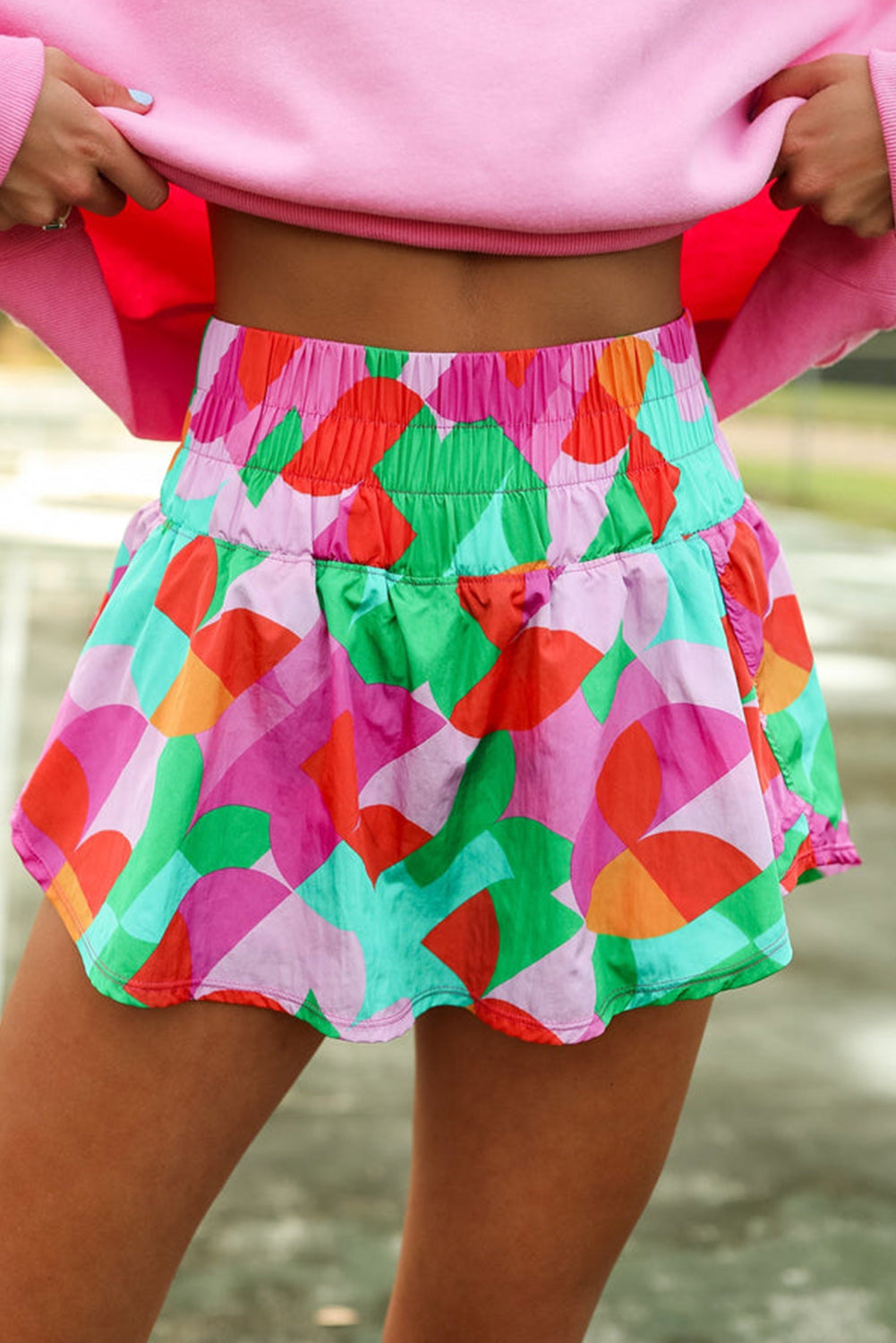 Green Abstract Print Smocked Waist Flared Shorts - Eloy Royal