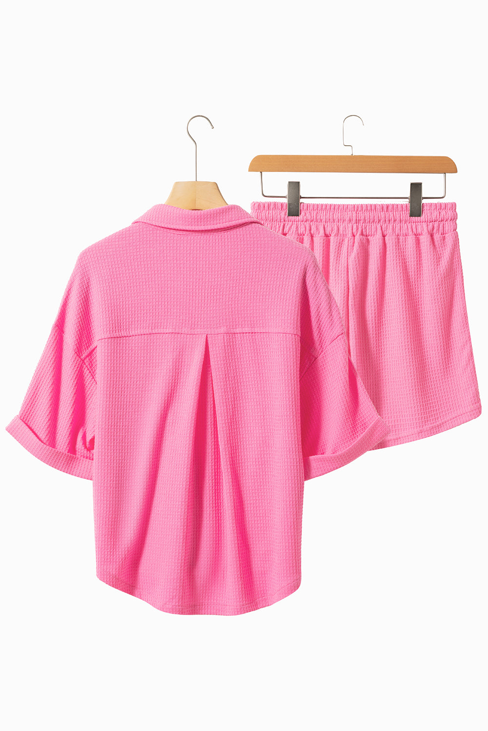 Bright Pink Textured Chest Pocket Half Sleeve Shirt Shorts Set - Eloy Royal