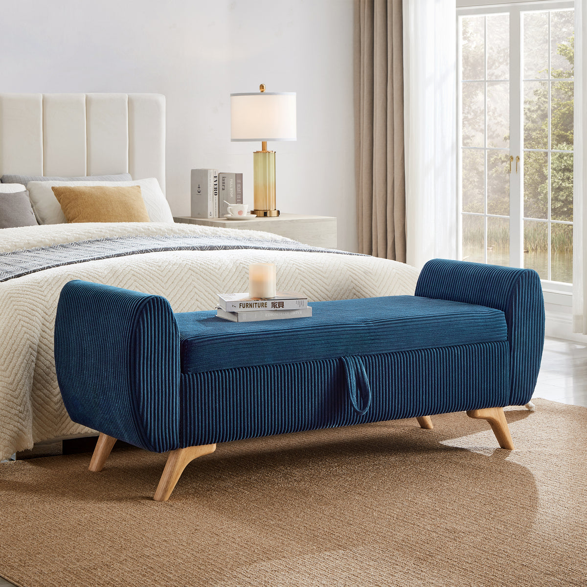 57' Modern Design Corduroy Upholstered with Storage Bed Bench,Wood Legs Bench for Bed Room,Hall Way Blue
