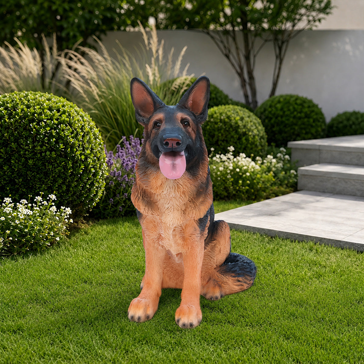Lifelike German Shepherd Dog Statue, Realistic Resin Animal Figurine for Indoor Outdoor Garden Lawn Yard Home Decor, Art Craft Gift, Black+Brown