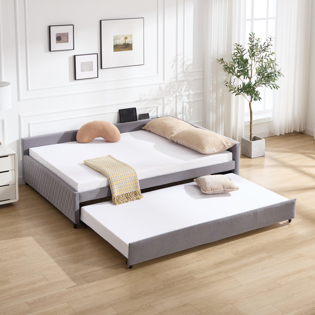 Upholstered Daybed with Trundle,sturdy wooden bed frame, modern diamond grid design,for Bedroom, Guest Room (Grey)