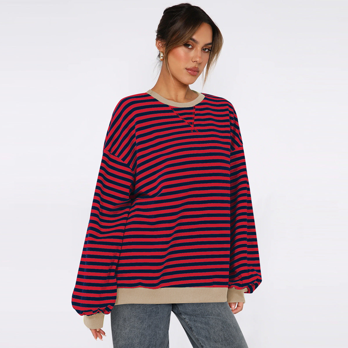 Women's Fashion Round Neck Striped Sweater Loose Bishop Sleeves Top