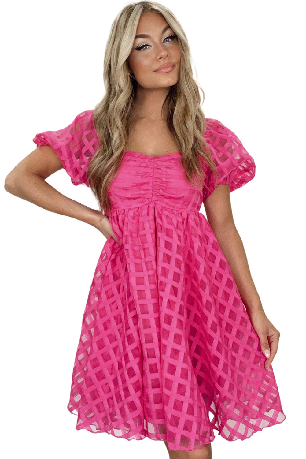 Strawberry Pink Checkered Puff Sleeve Babydoll Dress - Eloy Royal