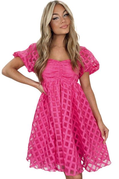 Strawberry Pink Checkered Puff Sleeve Babydoll Dress - Eloy Royal