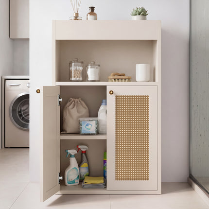 OMCHOM Bathroom Floor Storage Cabinet with 2 Rattan Doors, Freestanding with Adjustable Shelf & Open Storage for Living Room, Hallway