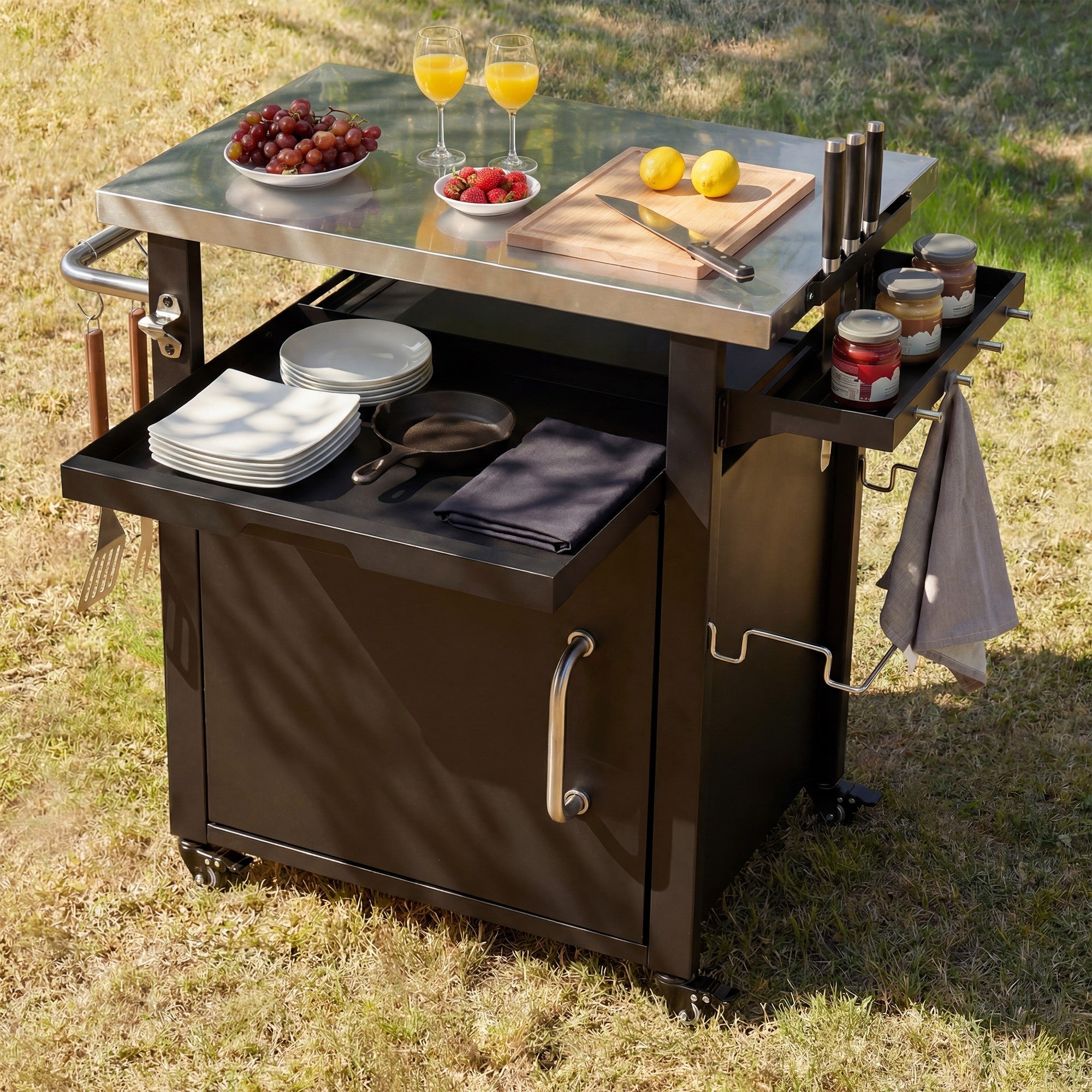 K&K 39.5' Outdoor Grill Cart with Storage Cabinet, Outdoor Bar Cart Pizza Oven Table with Wheels, Stainless Steel Top, Outdoor Kitchen Island with Spice & Paper Rack for BBQ, Waterproof Cover Included