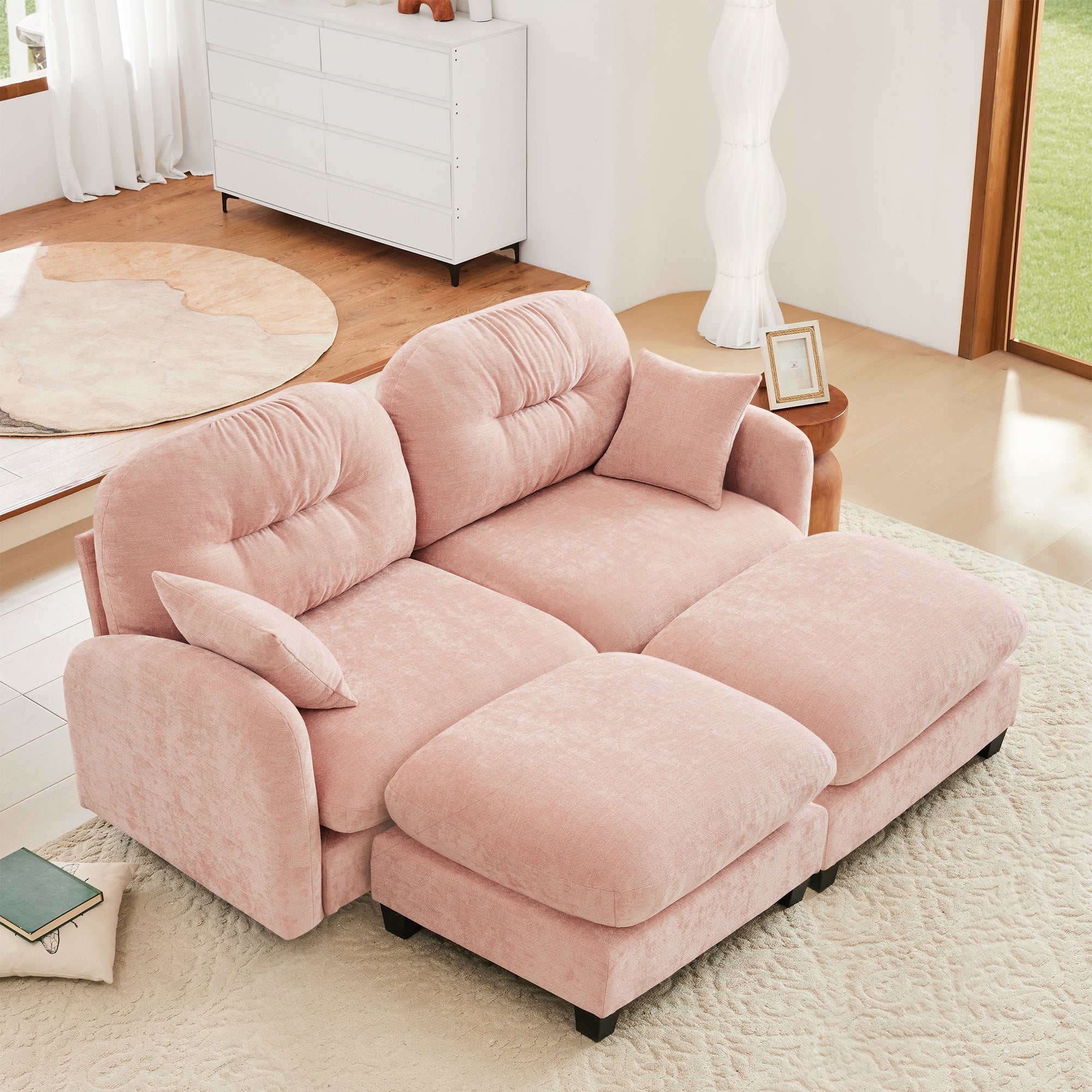 Cloud Sectional Couches,Premium Chenille Fabric Paired With Soft Throw Pillows,Quilted Pleated Design High-Density Foam Ergonomic Design Easy Install Elegant Armrests,Fits Bedrooms,Pink