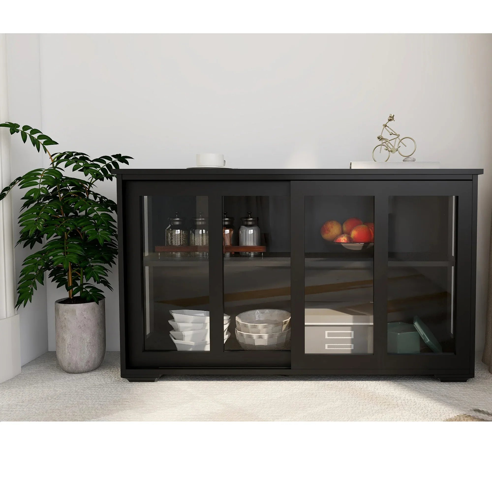 Kitchen Storage Stand Cupboard With Glass Door-Black - Eloy Royal