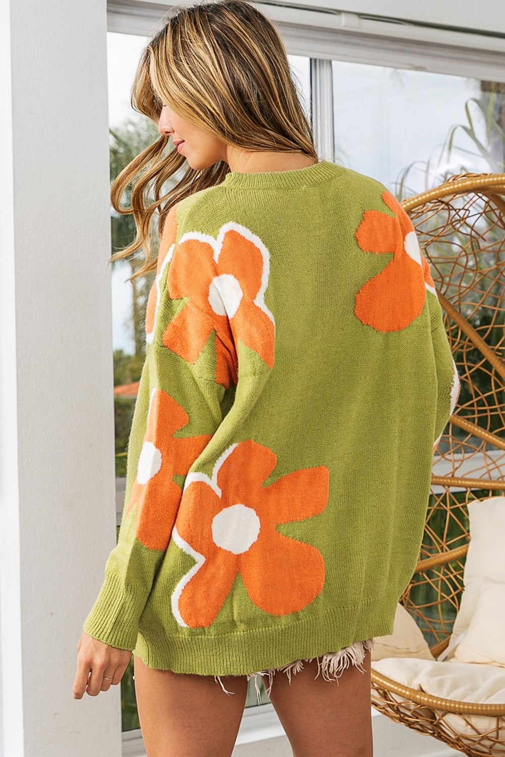 Green 60s Floral Pattern Ribbed Contrast Sweater - Eloy Royal