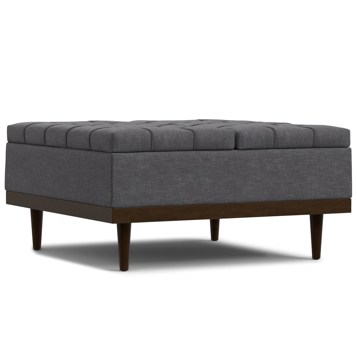 Mariah Lift Top Table Storage Ottoman in Slate Grey with Walnut Finish, Solid Rubberwood and Linen-Look Fabric, 36' Square