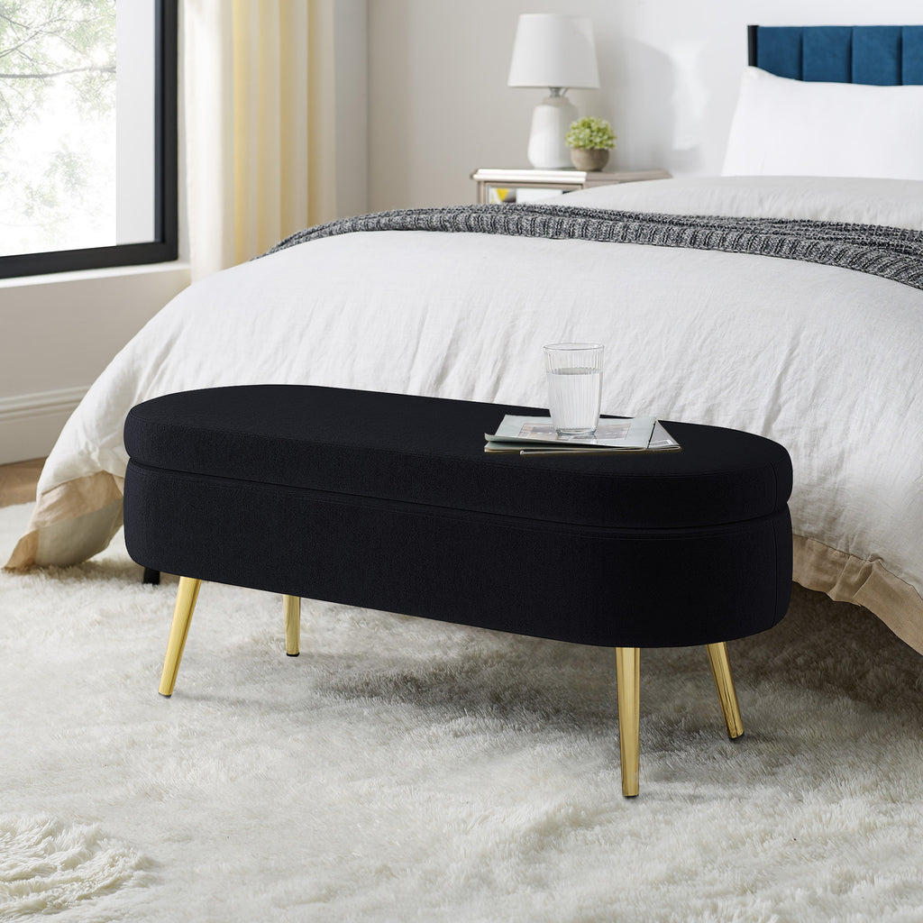 Ottoman Oval Storage Bench, Flannel with Metal Legs-Black(43.5'x16'x16')