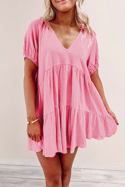 Strawberry Pink Puff Sleeve V Neck Tiered Swing Dress - Eloy Royal