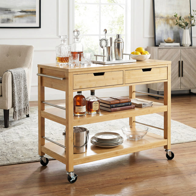 Indoor Multifunctional Natural Bamboo Bar Cart with Locking Wheels, Drawers, and Open Shelves - Ideal for Kitchen, Dining, and Entertaining