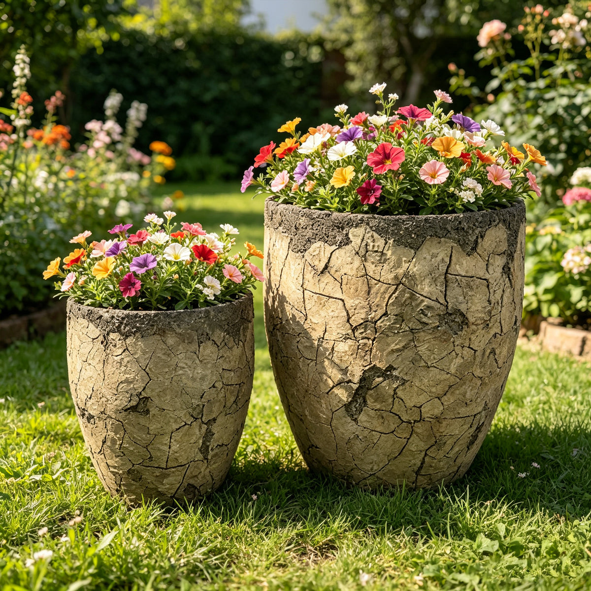 Large Round Planters Set of 2 (16.73'x16.73'x19.68 & 12.59' x12.59'x15.15'') - Lightweight Magnesium Oxide Plant Pot with Texture -Concrete Planter Pots with Drainage Hole – Indoor & Outdoor Use