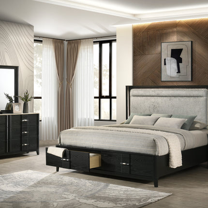 Opel 4 Pc Modern King Bedroom Set with Upholstered LED Headboard, Footboard Storage, Marble-Top Dresser, Mirror, and Nightstand in Black Wire-Brushed Finish