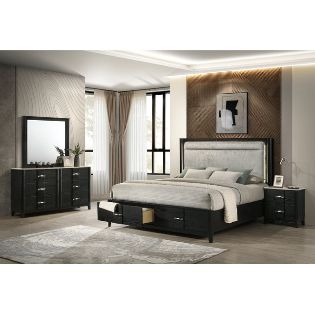 Opel 4 Pc Modern King Bedroom Set with Upholstered LED Headboard, Footboard Storage, Marble-Top Dresser, Mirror, and Nightstand in Black Wire-Brushed Finish