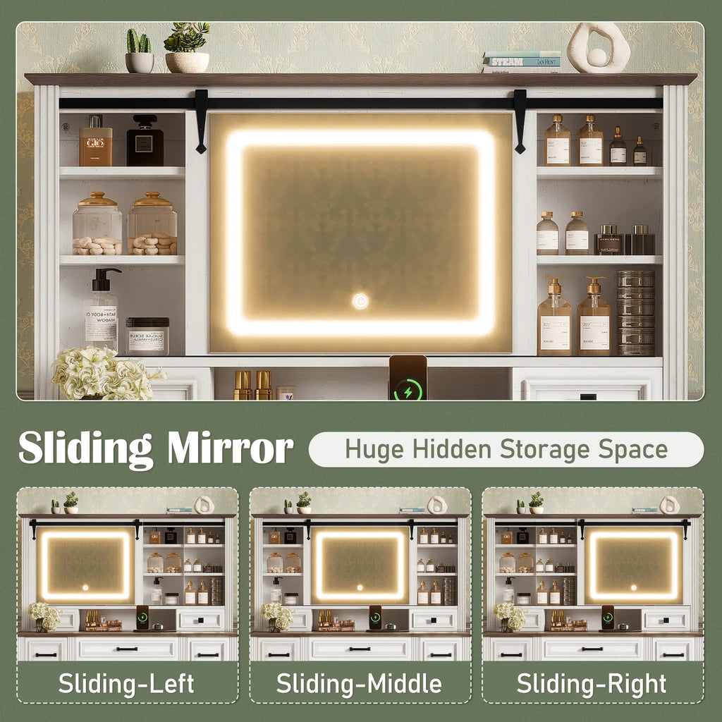 47.2' Farmhouse Makeup Vanity Desk with Sliding Mirror, Large Vanity Set with LED Lights, Dressing Table with Storage Stool and 9 Drawers, Ample Storage, White and Brown - Eloy Royal
