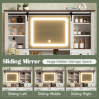 47.2' Farmhouse Makeup Vanity Desk with Sliding Mirror, Large Vanity Set with LED Lights, Dressing Table with Storage Stool and 9 Drawers, Ample Storage, White and Brown - Eloy Royal