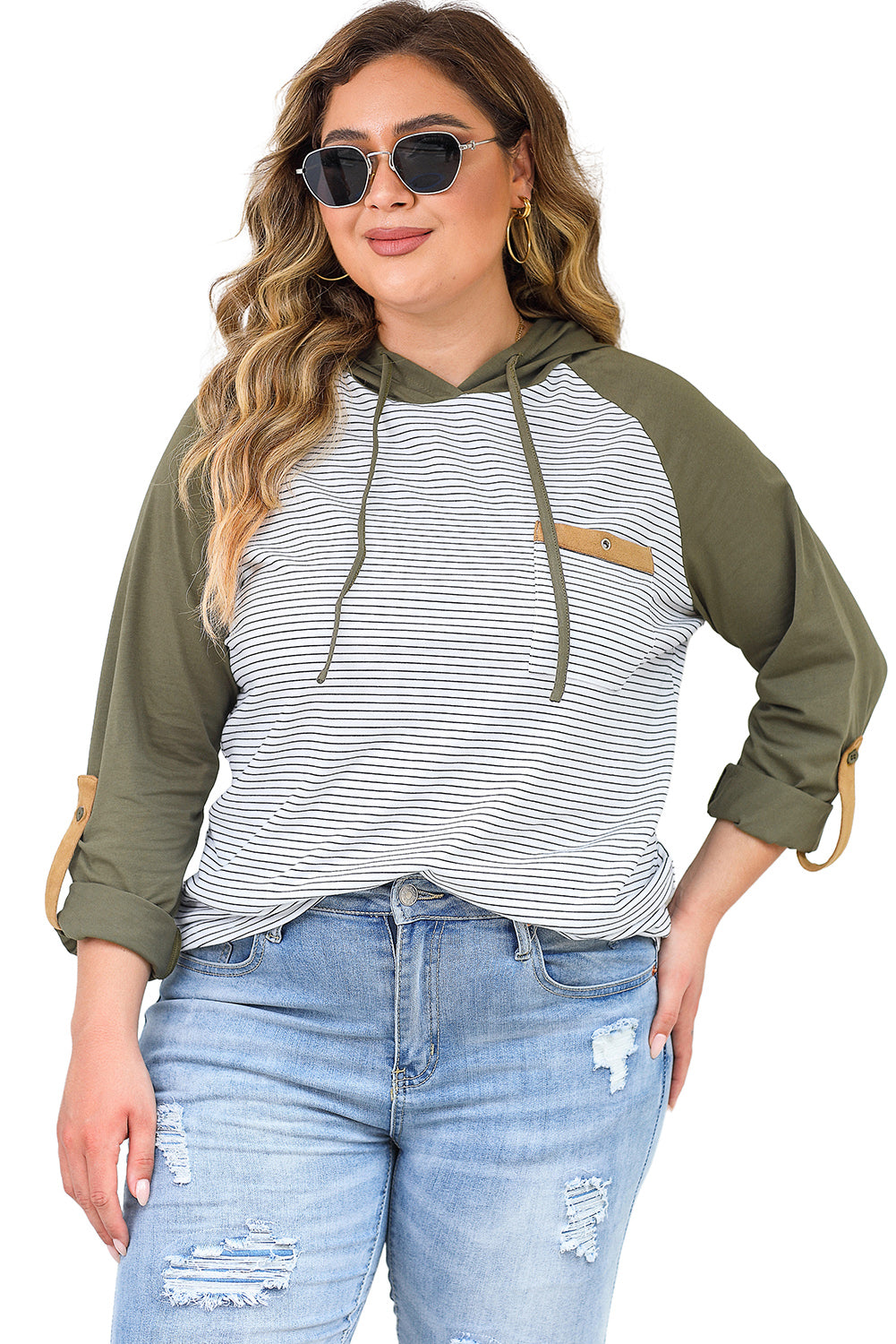 Black Striped Raglan Sleeve Pocket Plus Size Hoodie - Eloy Royal