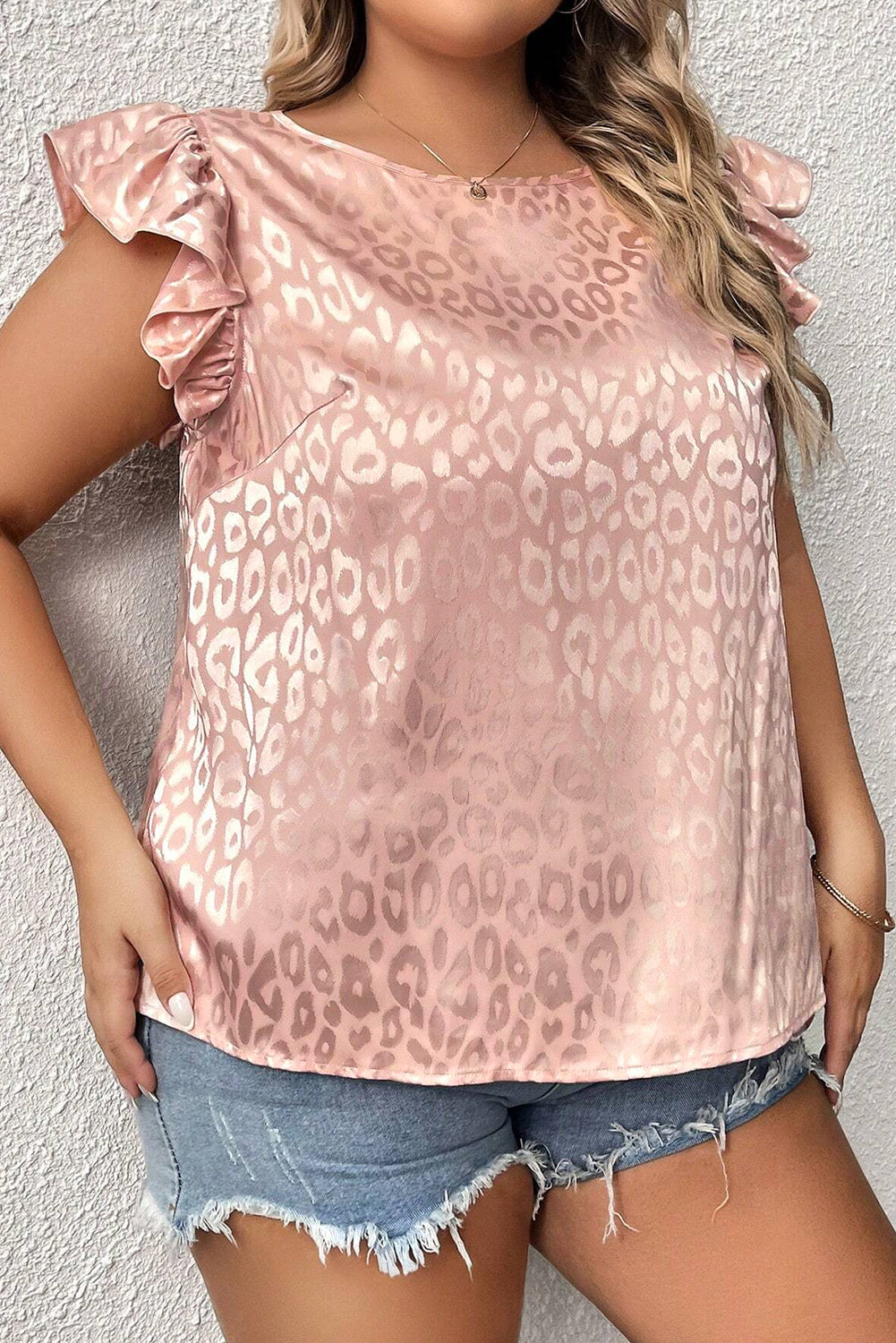 Pink Plus Size Leopard Print Ruffled Flutter Sleeve Satin Blouse - Eloy Royal