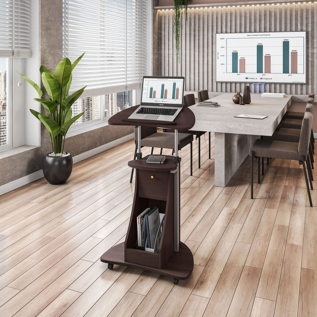 Adjustable Sit-to-Stand Rolling Laptop Cart with Tilt Top and Storage, Chocolate