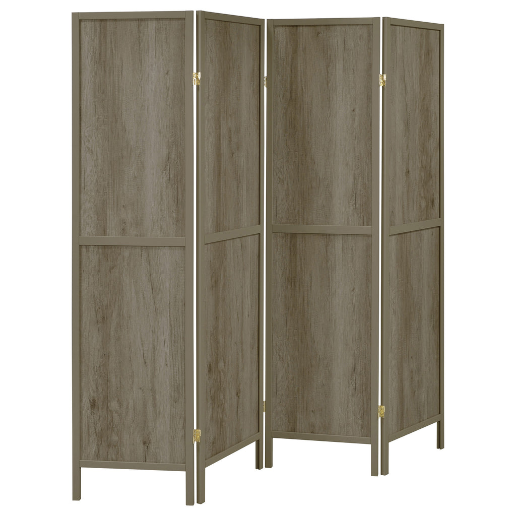 Grey Driftwood and Light Grey 4-Panel Folding Screen with Brass Hardware, Wood Construction, 70.25H x 69.5W x 0.75D