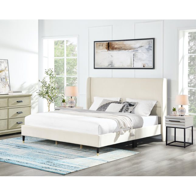 Arles 3-Piece Upholstered Bedroom Set, Wingback Platform Bed with Two Nightstands