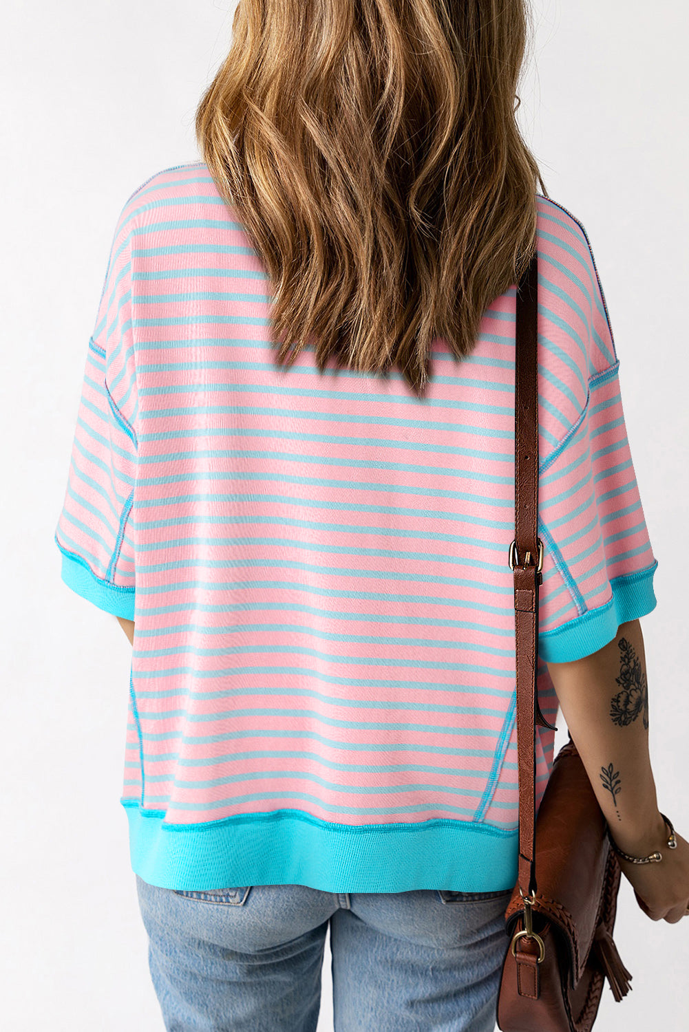 Pink Stripe Colorblock Drop Sleeve Loose Top - Eloy Royal