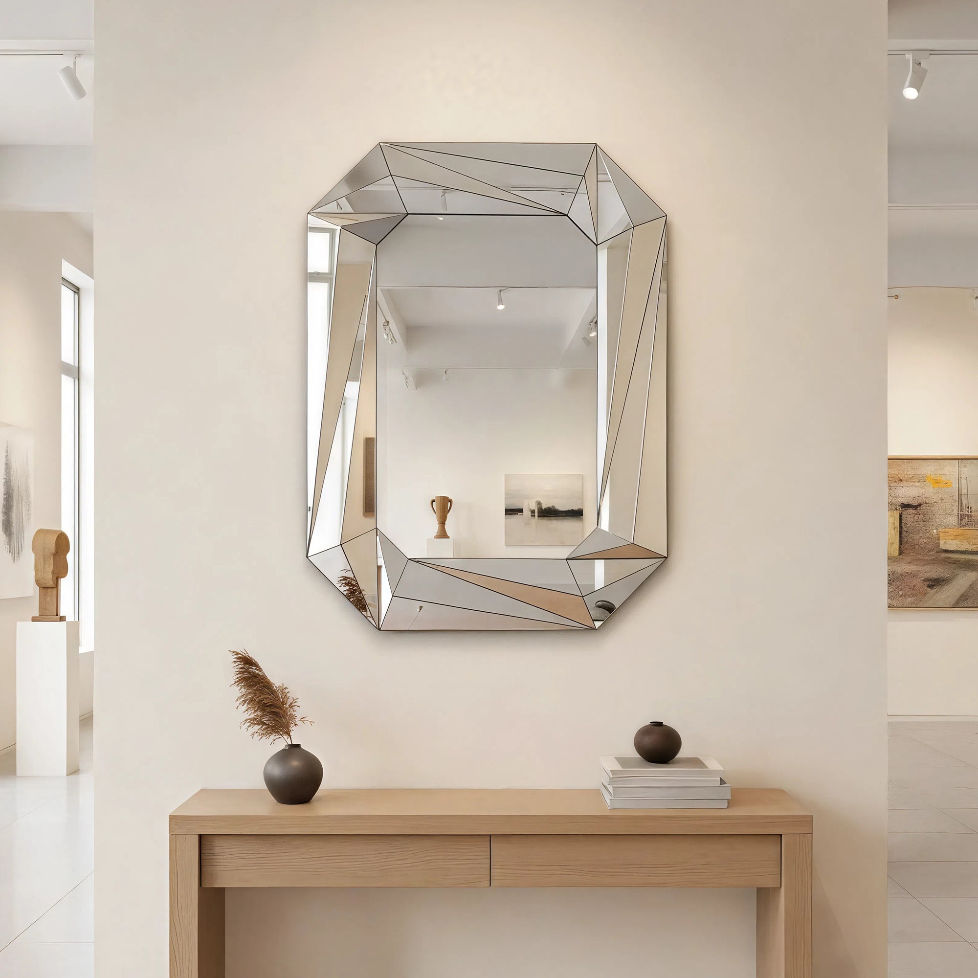 Diamond Shaped Large Wall Mirror for Decor Elegant Living Room, Modern Beveled Edge Frameless Accent Mirror for Entryway, Dining Room, Bathroom