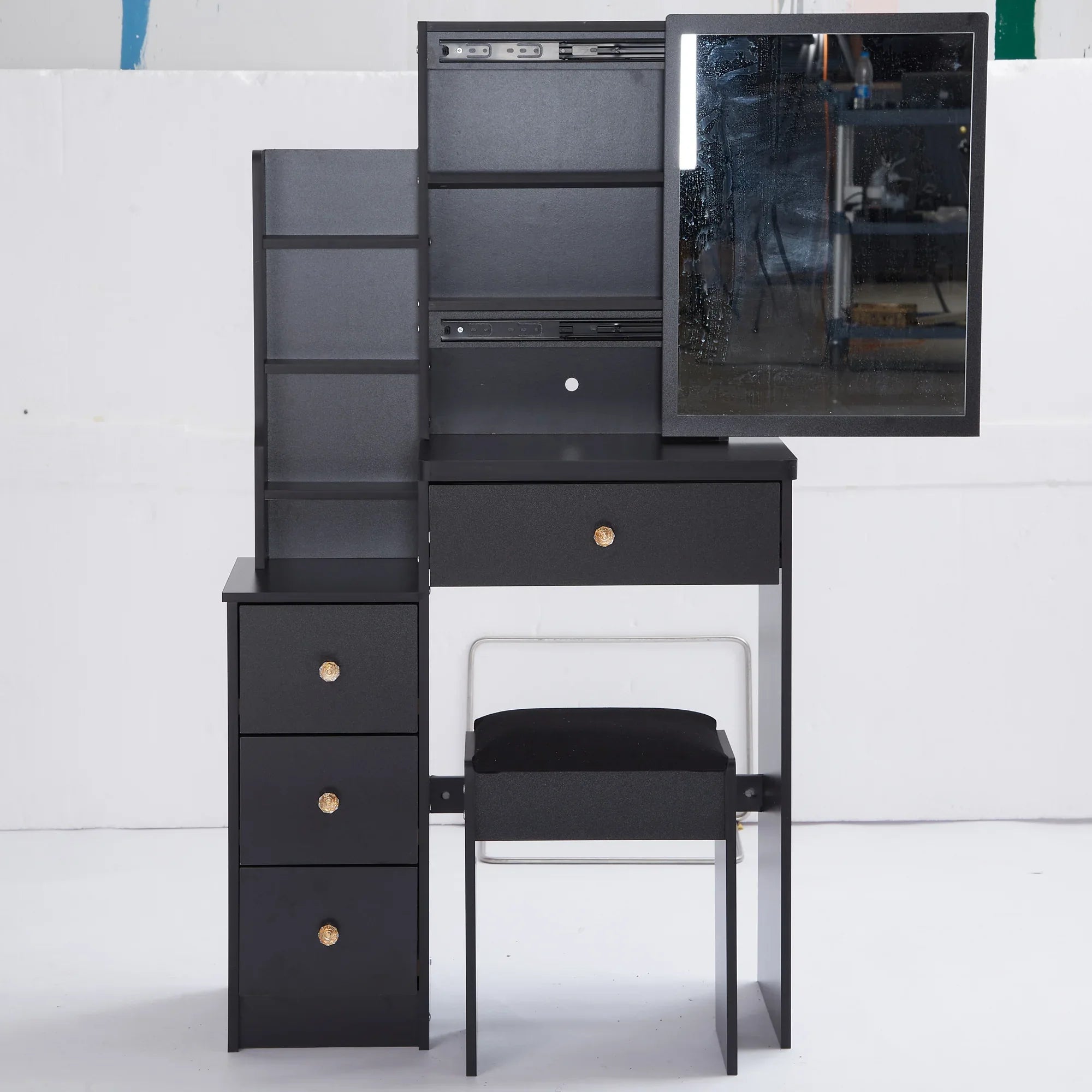 29.2' Small Space Left Bedside Cabinet Vanity Table + Cushioned Stool, Extra Large Right sliding mirror, Multi Layer High Capacity Storage, Practical Fashionable Dresser, Suitable For Small Space - Eloy Royal