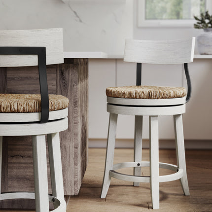 26' Wood Counter-Height Bar Stool with Natural Seagrass Seat, Reclaimed White, 1PC