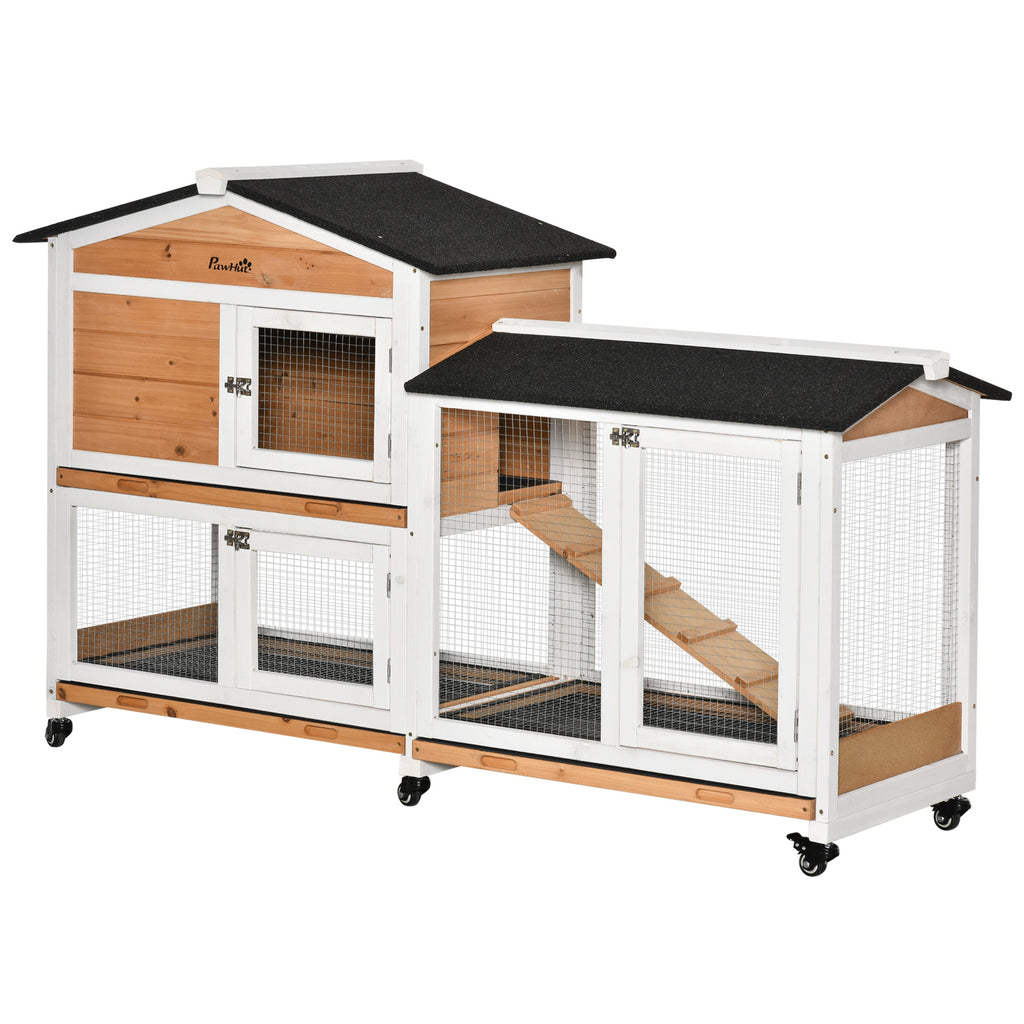 PawHut 62' Rabbit Hutch, Wooden Bunny Hutch, Guinea Pig Cage, Small Animal Enclosure with Wheels, Run Area, Removable Tray, Asphalt Roof, Lockable Doors and Ramp, Nature Wood