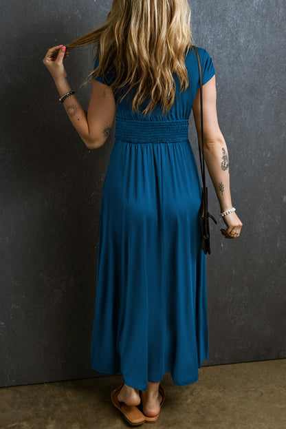 Peacock Blue Deep V Neck Ruched High Waist Maxi Dress - Eloy Royal