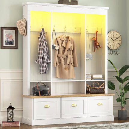 Elegant APP Controlled LED Light Hall Tree with 9 Hooks, Roman Column Design Natural Storage Bench with 3 Large Cabinets, Farmhouse Entryway Organizer with Shelves for Hallway, White