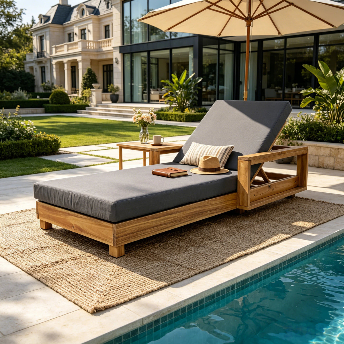 Light Natural Acacia Wood Outdoor Chaise Lounge Set with 4' 2-Fold Dark Grey Water Resistant Cushion, 4-Position Adjustable Recliner, 400 LBS Capacity, 1 Frame + 1 Cushion for Patio Pool Backyard