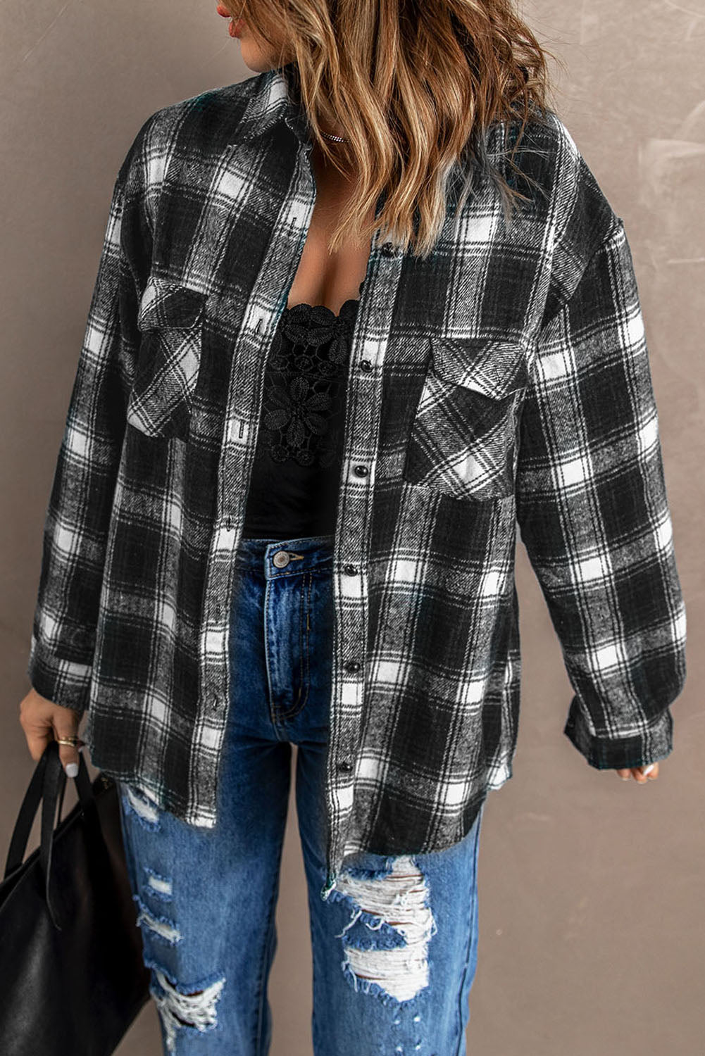 Wholesale Black Button Up Collared Plaid Shacket - Eloy Royal