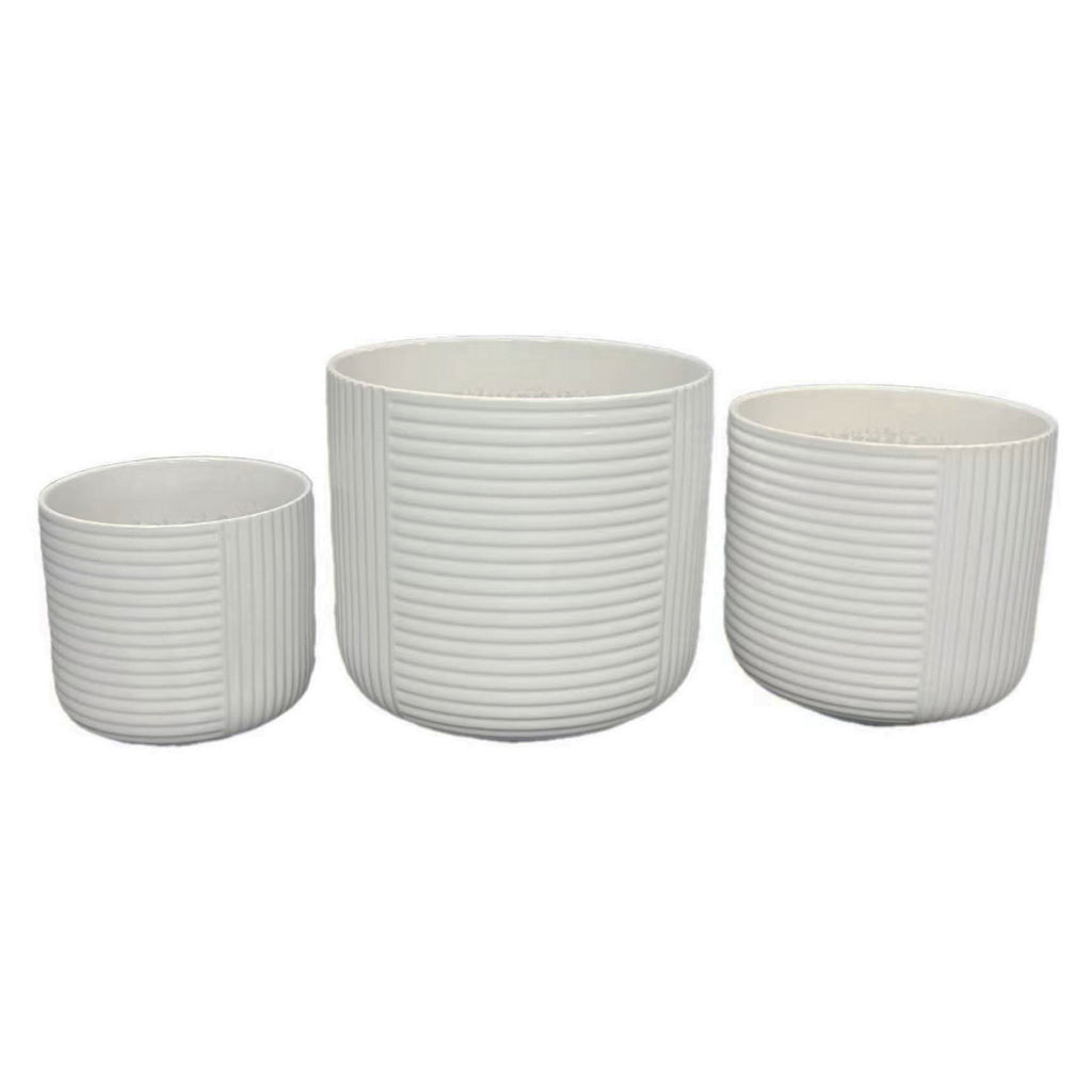 Kena Planter Set of 3, White Ceramic, Ribbed Texture Pots, 12 10 8 Inch