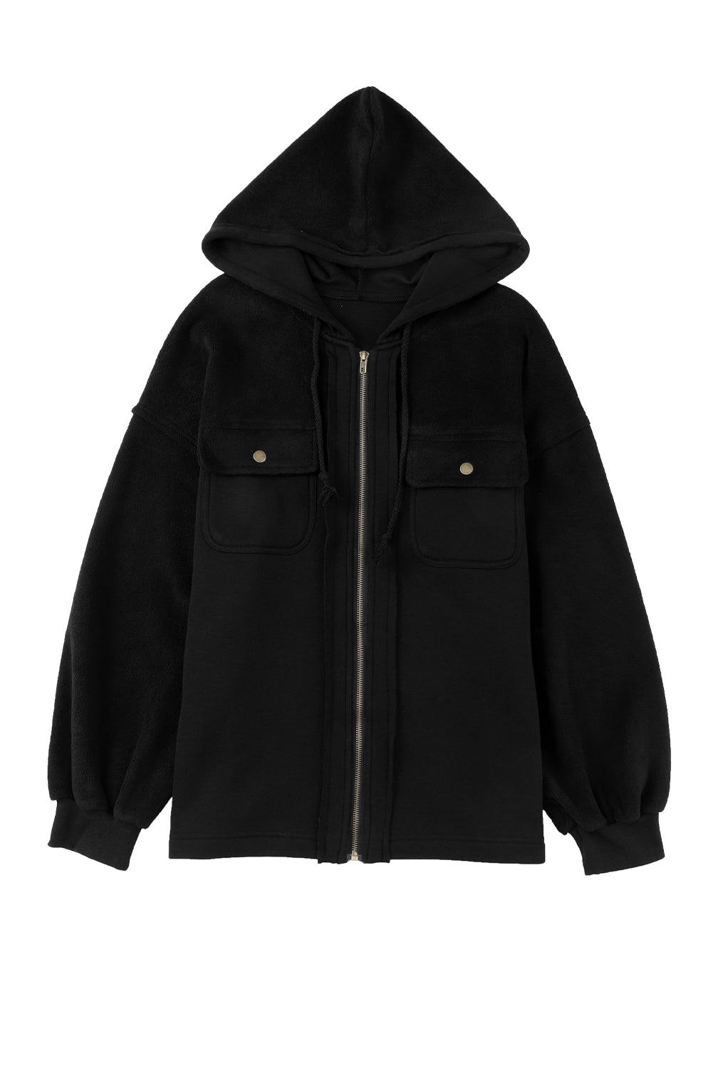 Black Bishop Sleeve Zip Up Hoodie Jacket with Flap Pockets - Eloy Royal