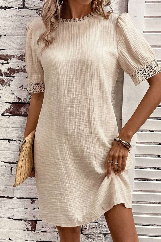 Beige Lace Trim Splicing Puff Sleeve Mini Dress