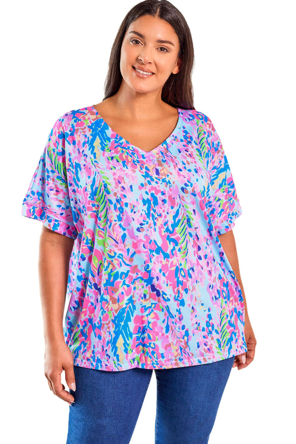 Sky Blue Plus Size Plant Print V Neck T-shirt - Eloy Royal