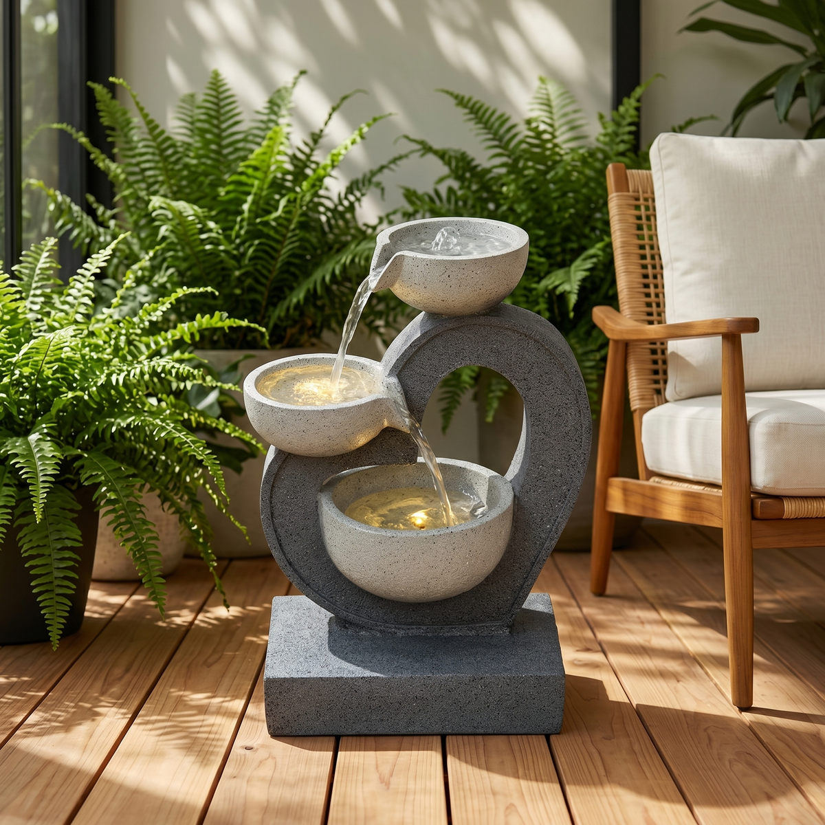 Outdoor Water Fountain 19.7', Modern 3-Tier Bowl Fountain with Warm LED Lights, Stone-Textured Resin Cascading Water Feature, Quiet Pump for Patio Garden Balcony Porch Indoor Outdoor Decor