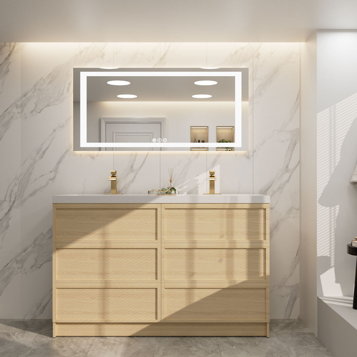60*28 Inch LED bathroom mirror, corrosion-resistant, three-color dimmable, backlit mirror with one-touch demist function