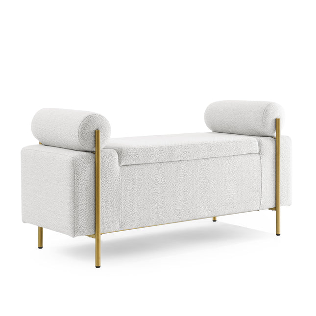 Elegant Upholstered Linen Storage Bench with Cylindrical Arms and Iron Legs with