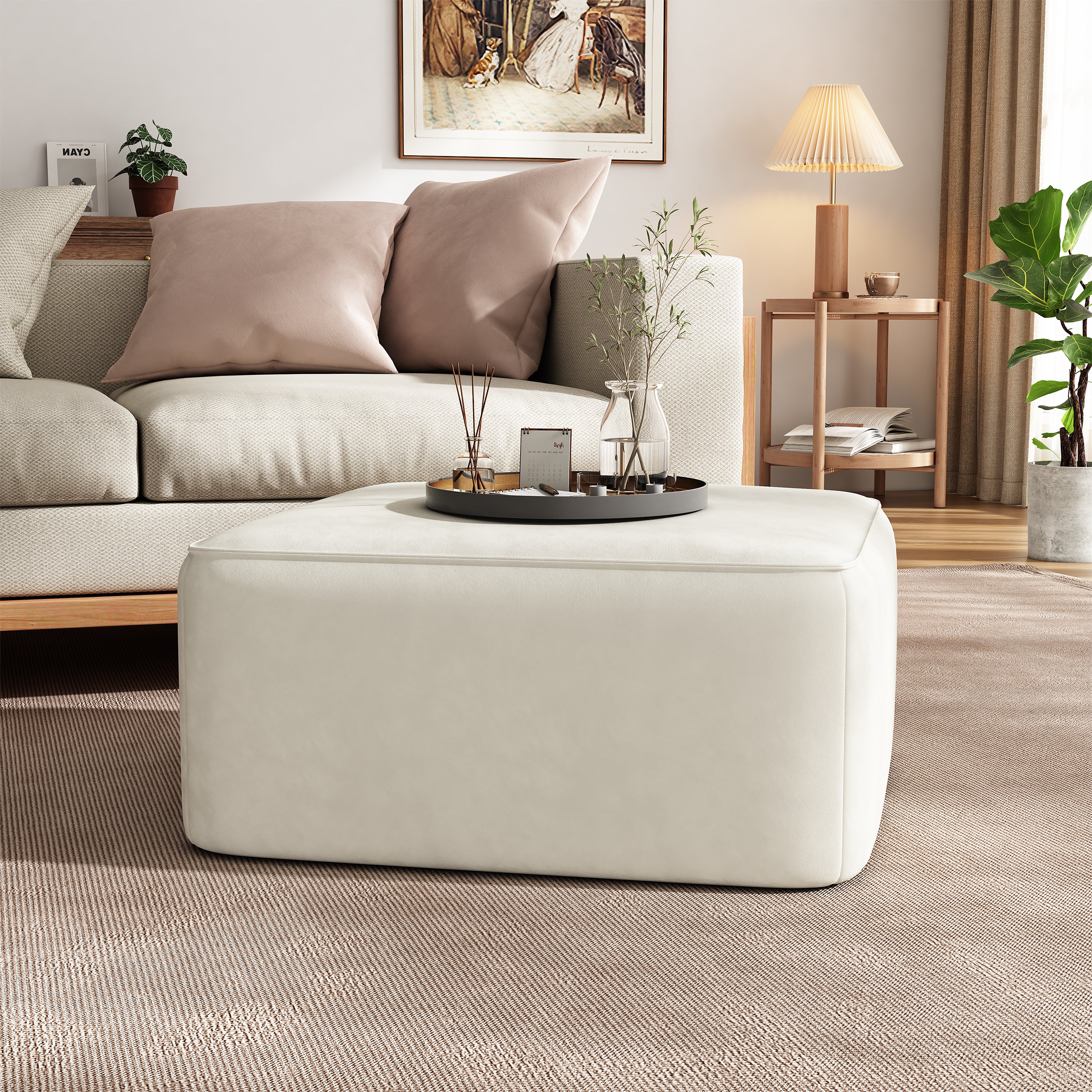 Upholstered Square Ottoman,Cream